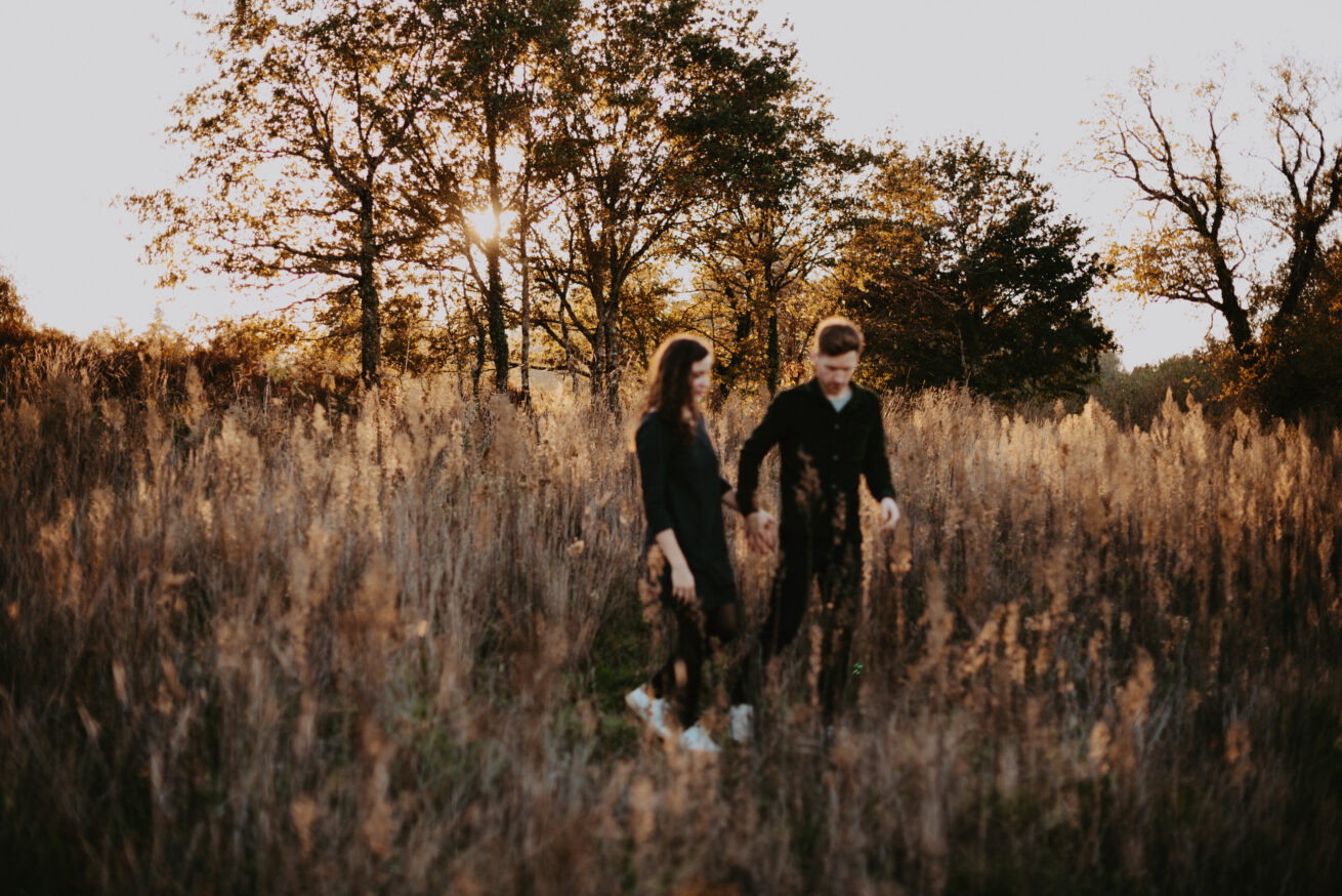 couple qui marche dans les herbes haute au couché de soleil